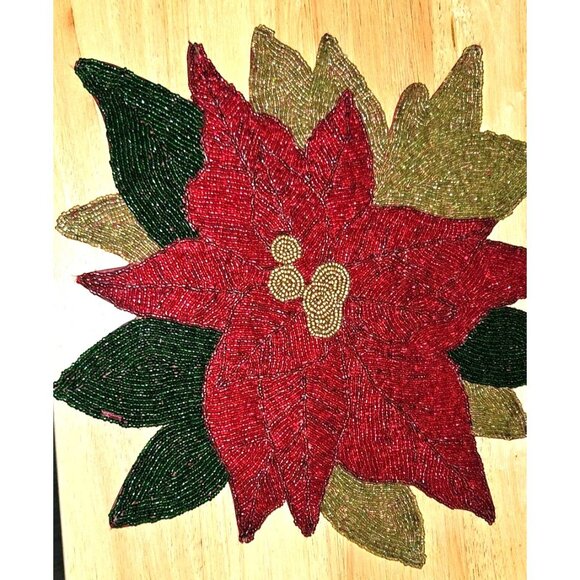 Beaded Placemat Poinsettia Handmade 13"x13" Christmas Decor - Picture 2 of 5